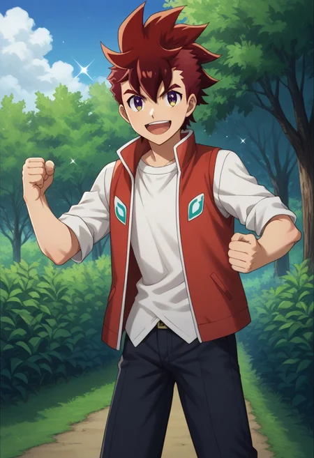score_9, score_8_up, score_7_up, source_anime, highly detailed,
rekka, 1boy, male focus, solo, red hair, purple eyes, yellow eyes, looking at viewer, pants, shirt, standing, white shirt, vest, jacket, spiked hair, clenched fist, open mouth, sparkle, smile, raised hands,
outdoor, sky, tree
