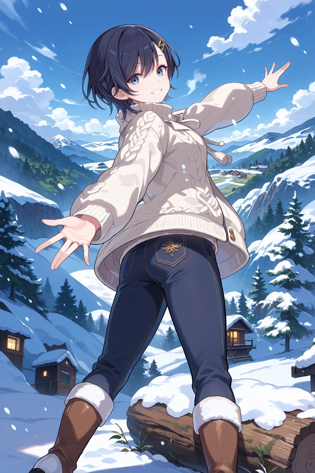 score_max, (score_9, score_8_up, score_7_up:1.2), score_6_up, official art,
masterpiece, absurdres, high detail, 8k,
winter, mountain, snowing, log house, from side,,
standing, outstretched arms, looking back, smile, steam,
cattleya, hairclip, white_jacket, fur-trimmed_jacket, open jacket, neklace, aran_sweater, black_sweater, turtleneck sweater, turtleneck, denim pants, knee_boots
<lora:XL_Pony_gomaotsu-cattleya-t1:1.0>