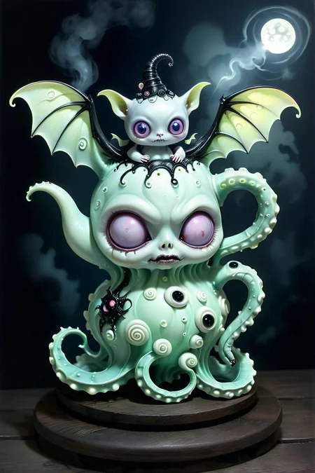 Whimsical Gothic Teapot - A large, ornate teapot with a cracked, gothic porcelain surface, resting on a dark wooden table. Its spout twists and curls like a serpent, and steam billows out in the shapes of small, surreal fae creatures with exaggerated features. The handle is adorned with tiny bat wings, and the surface of the teapot is covered in glowing, mystical symbols. <lora:EnvyPastelGoth02-prodigy-batch6:1> <lora:SDXLFaeTastic2400:1> <lora:Goth_SDXL_V1:1> <lora:LowBrowXL:1> <lora:GothGirlLorav0.1:1>