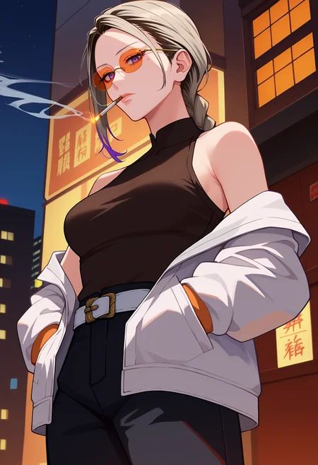 score_9, score_8_up, score_7_up, anime screencap, source_anime, 1girl, solo,
<lora:Tao_Saotome_Gokurakugai_V1:.85>,  KJOtao, grey hair, multicolored hair, pale purple eyes, long hair, mole under eye, forehead, braided ponytail, 
black karate gi, orange tinted eyewear, bare shoulders, white open jacket, white belt, black pants, off shoulder, 
expressionless, smoking cigarette, hands in pocket, dutch angle, from below, looking at viewer, 
city, night, skyscraper, 
(Beautiful, medium Breasts:1.2), mature female,