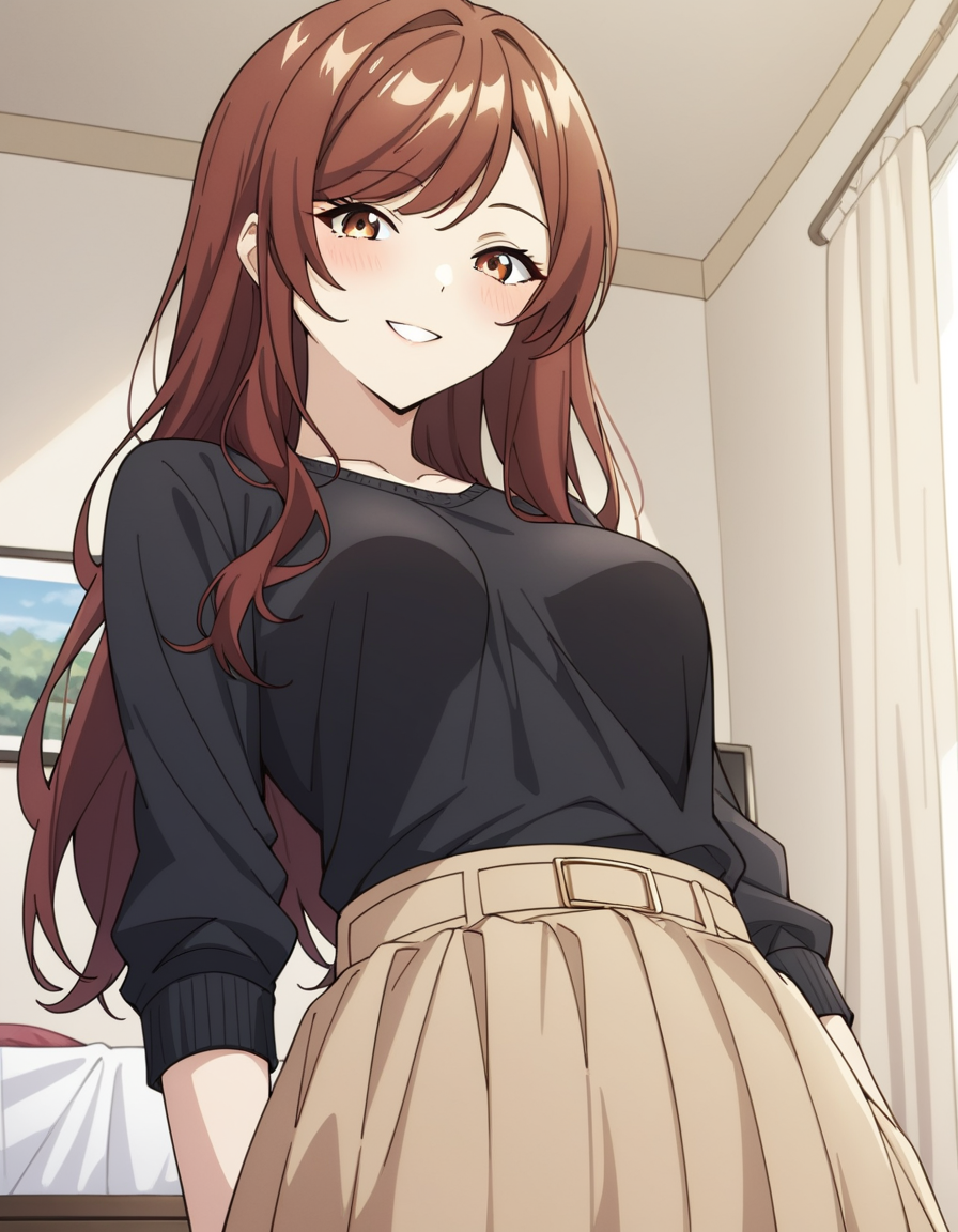 score_9, score_8_up, score_7_up, source_anime, uncensored, <lora:StS_detail_slider_v1:3>, zPDXLxxx, <lora:Miu_Midou_PONYXL_VexVexX:1>, MiuMidou, brown eyes, brown hair, red hair, long hair, bangs, medium breasts, black shirt, long skirt, brown skirt, cowboy shot, bedroom, __PERSPECTIVE__, __POSES_CLOTHES_2__, smile,