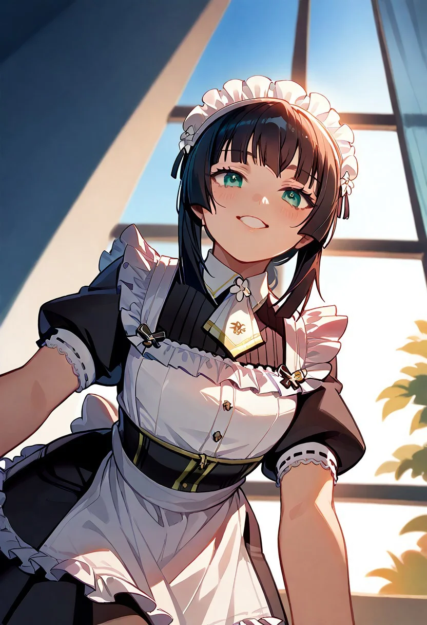 score_9, score_8_up, score_7_up, score_6_up, source_anime. zPDXL3, 1girl, solo, Mafuyu, Sofia maid outfit, Sofia maid headdress, Sofia maid gloves, looking at viewer, smile, leaning forward, bed sheet, window, sunlight, sunny, blue sky, cloud, pov, from below, backlighting