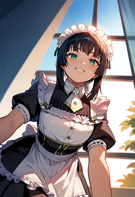 score_9, score_8_up, score_7_up, score_6_up, source_anime. zPDXL3, 1girl, solo, Mafuyu, Sofia maid outfit, Sofia maid headdress, Sofia maid gloves, looking at viewer, smile, leaning forward, bed sheet, window, sunlight, sunny, blue sky, cloud, pov, from below, backlighting
