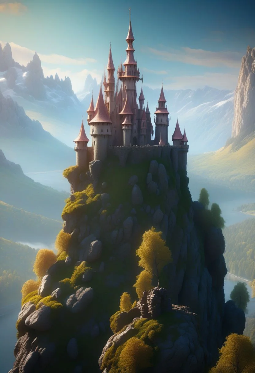 8K, fairy tale castle on a (rock spire), mountain on background