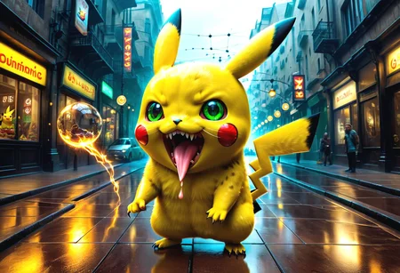 psychedelic surrealisms, long exposure, 3D full body Pikachu who sticks out his long tongue, LED-green eyes, with huguemonic angry smile and sharp teeth, fingers and claws, <lora:helios:0.7> golden ratio <lora:middle_finger:1>. perfect design, sharp foreground, rich colors . amazing depth, double exposure, perfect balanced, deep fine borders, smooth, educed details, extra digits, strong geometric shapes, masterpiece, (wide angle view, ultra-wide angle perspective), contrast shadows, (center composition, symmetry balance), (high detail face, high detail skin), dynamic pose, sharp focus, reduced details; old wax brush/eraser pen