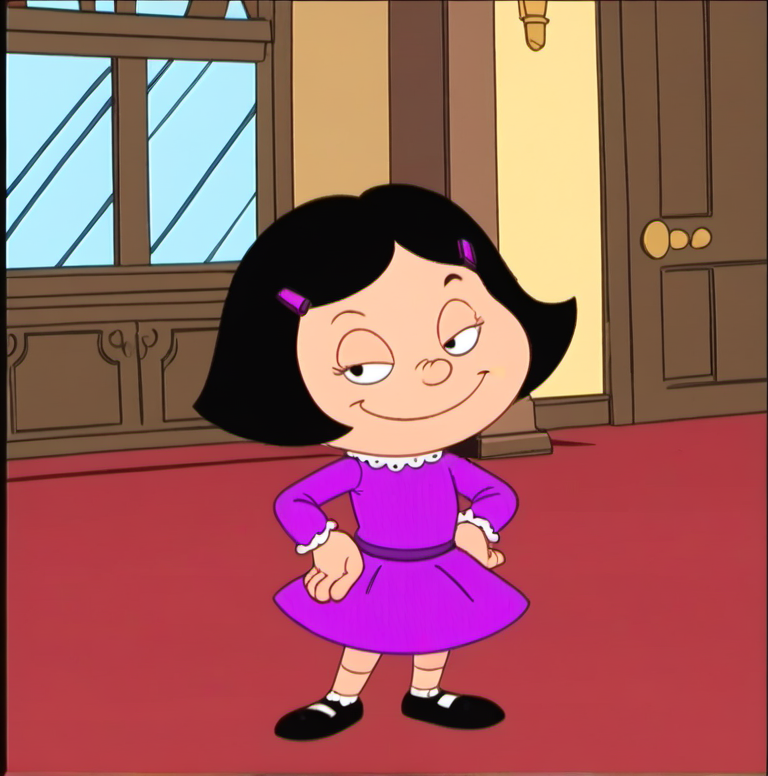 1girl, solo, Prulm, black hair, dress, short hair, parody, hand on hip, looking at viewer, smug, standing, purple dress, hair ornament, official style, <lora:Prulm:1>,