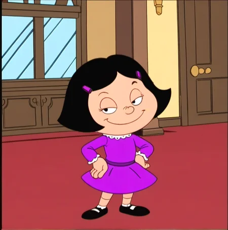 1girl, solo, Prulm, black hair, dress, short hair, parody, hand on hip, looking at viewer, smug, standing, purple dress, hair ornament, official style, <lora:Prulm:1>,