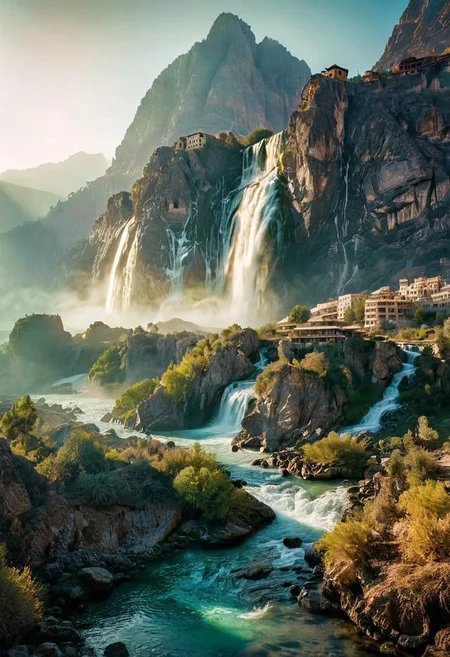 (by Ellen Jewett:1.5), (Bioluminescent Impressionism, Egyptian landscape, The Dreamland,, their peaks veiled in mist. mixed media, surrealism, great lighting, A surreal landscape highly detailed . extremely high-resolution details, appears trapped in an optical illusion of reflections and refractions colorful , mountains and village in Turkey, professional photography, natural lighting, volumetric lighting maximalist. intricately detailed, complex, elegant, expansive, fantastical, waterfall, ethereal landscapes, depth of field, biotech emotion:1.3) <lora:xl_more_art-full_v1:0.5> <lora:add-detail-xl:1> <lora:RMSDXL_Creative:2>