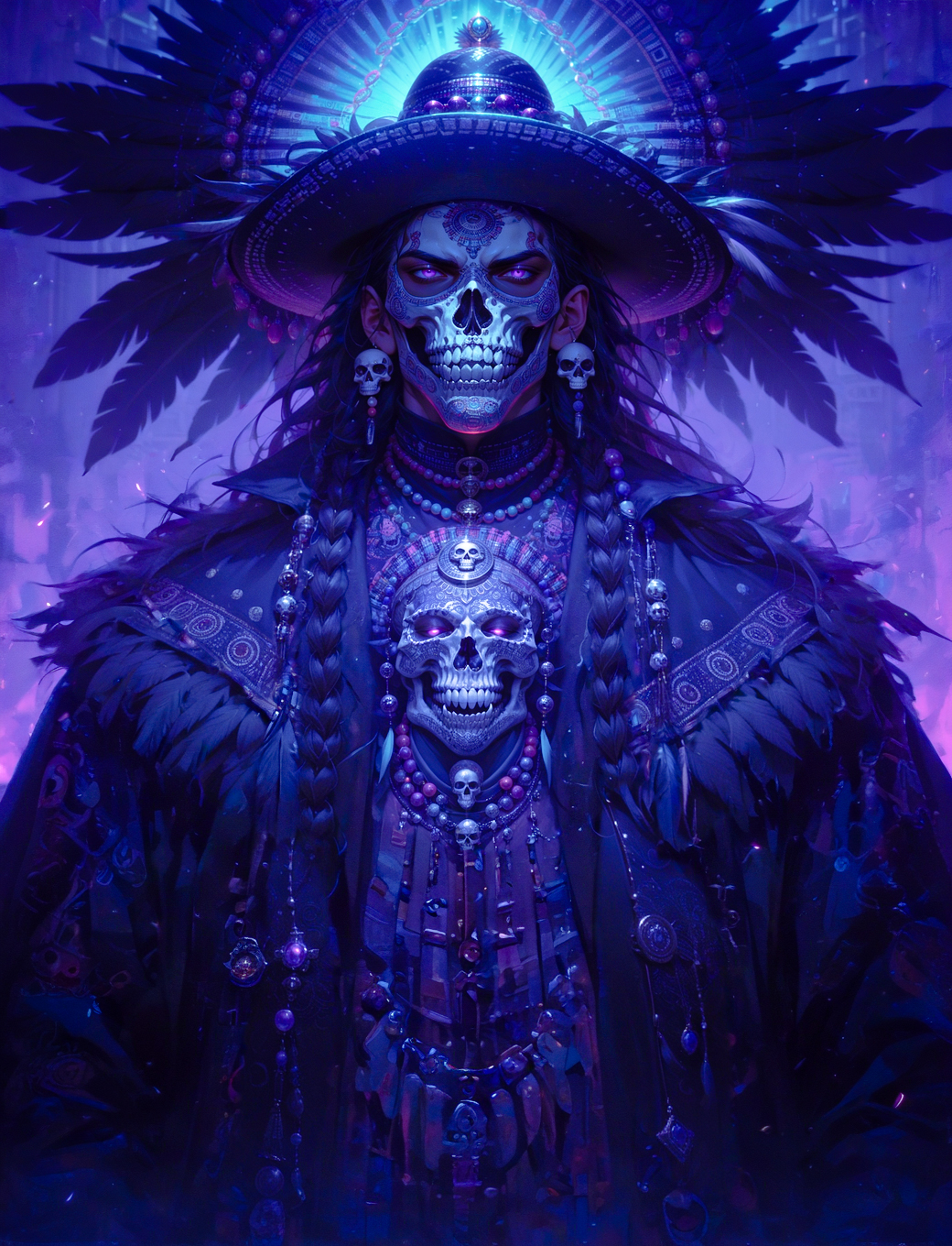 (score_9, score_8_up), score_7_up, 1boy, black clothing, mature male, manly, villain, black hair, sugar skull, skull mask, mask, skull paint, black gloves, mariachi, black coat, poncho, jewelry, beads, feathered headdress, feathers, dragon, chaotic, fang, braided hair, glowing, long coat, intricate patterns, bright colors, pastels, Hacienda, Huichol Art, sombrero, purple theme,
dark, blurry background, dof, depth of field, detailed line work, low key, dramatic lighting, neon colors, Aztec, Mesoamerican, Mexican folk art, traditional Mexican symbols, Aztec sun, glowneon, glowing
<lora:sdxl_lightning_8step_lora:1>  <lora:masky-000009:0.3><lora:glowneon_xl_v1:0.6><lora:CulturePunkAI_1:0.5><lora:Dark_Anime:0.2><lora:CINE:0.3>