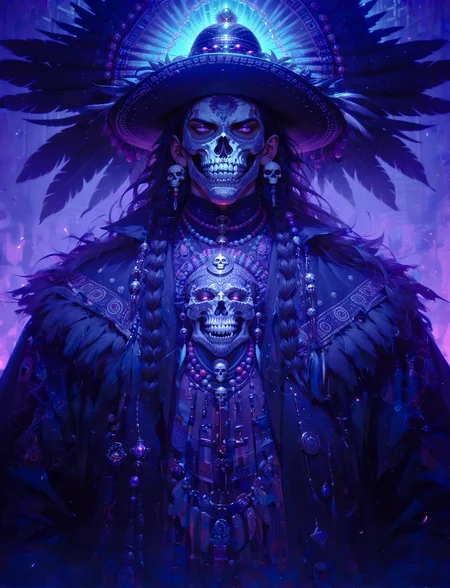 (score_9, score_8_up), score_7_up, 1boy, black clothing, mature male, manly, villain, black hair, sugar skull, skull mask, mask, skull paint, black gloves, mariachi, black coat, poncho, jewelry, beads, feathered headdress, feathers, dragon, chaotic, fang, braided hair, glowing, long coat, intricate patterns, bright colors, pastels, Hacienda, Huichol Art, sombrero, purple theme,
dark, blurry background, dof, depth of field, detailed line work, low key, dramatic lighting, neon colors, Aztec, Mesoamerican, Mexican folk art, traditional Mexican symbols, Aztec sun, glowneon, glowing
<lora:sdxl_lightning_8step_lora:1>  <lora:masky-000009:0.3><lora:glowneon_xl_v1:0.6><lora:CulturePunkAI_1:0.5><lora:Dark_Anime:0.2><lora:CINE:0.3>