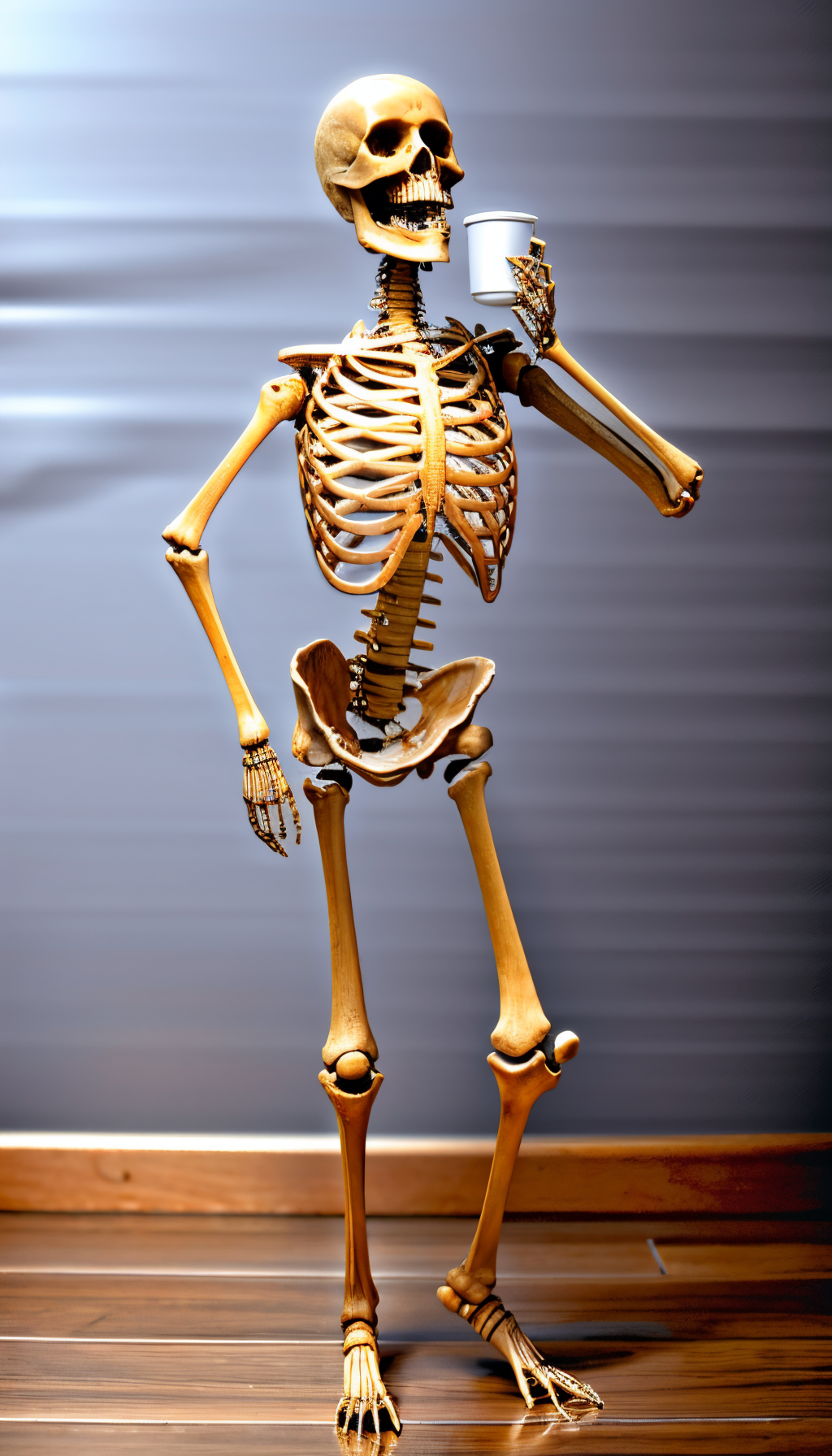 in the bedrrom (Realistic:1.5) woman skeleton standing, drinking a cup of coffee  <lora:EdobSkeletonFemale_v1.0:1>