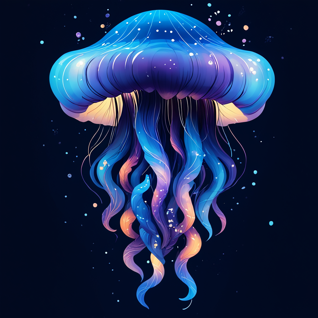 Score_9, score_8_up, score_7_up, score_6_up, BREAK  <lora:Flat_Cartoon_IllustrationPony:1> ArsMJStyle, Flat Cartoon Illustration, The image shows a blue jellyfish floating in the ocean with stars in the background creating a beautiful and serene atmosphere., no humans, blue background, tentacles, jellyfish, simple background, black background, artist name, full body