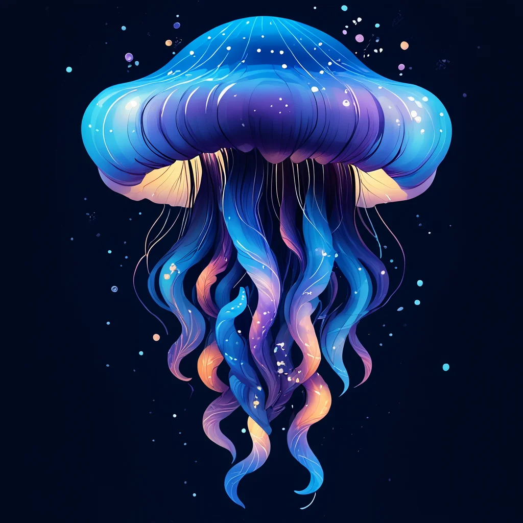 Score_9, score_8_up, score_7_up, score_6_up, BREAK  <lora:Flat_Cartoon_IllustrationPony:1> ArsMJStyle, Flat Cartoon Illustration, The image shows a blue jellyfish floating in the ocean with stars in the background creating a beautiful and serene atmosphere., no humans, blue background, tentacles, jellyfish, simple background, black background, artist name, full body