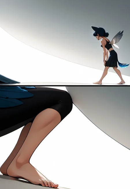 1person, KimP, human toes, anthro, ((wings)), feline features, feline ears, large ears, bird tail, feathered tail, feather tipped tail,  hair, ((folded wings)), lowered wings, curious expression, close up, dutch angle, nude
Source: anime, score: 9, score: 8up,