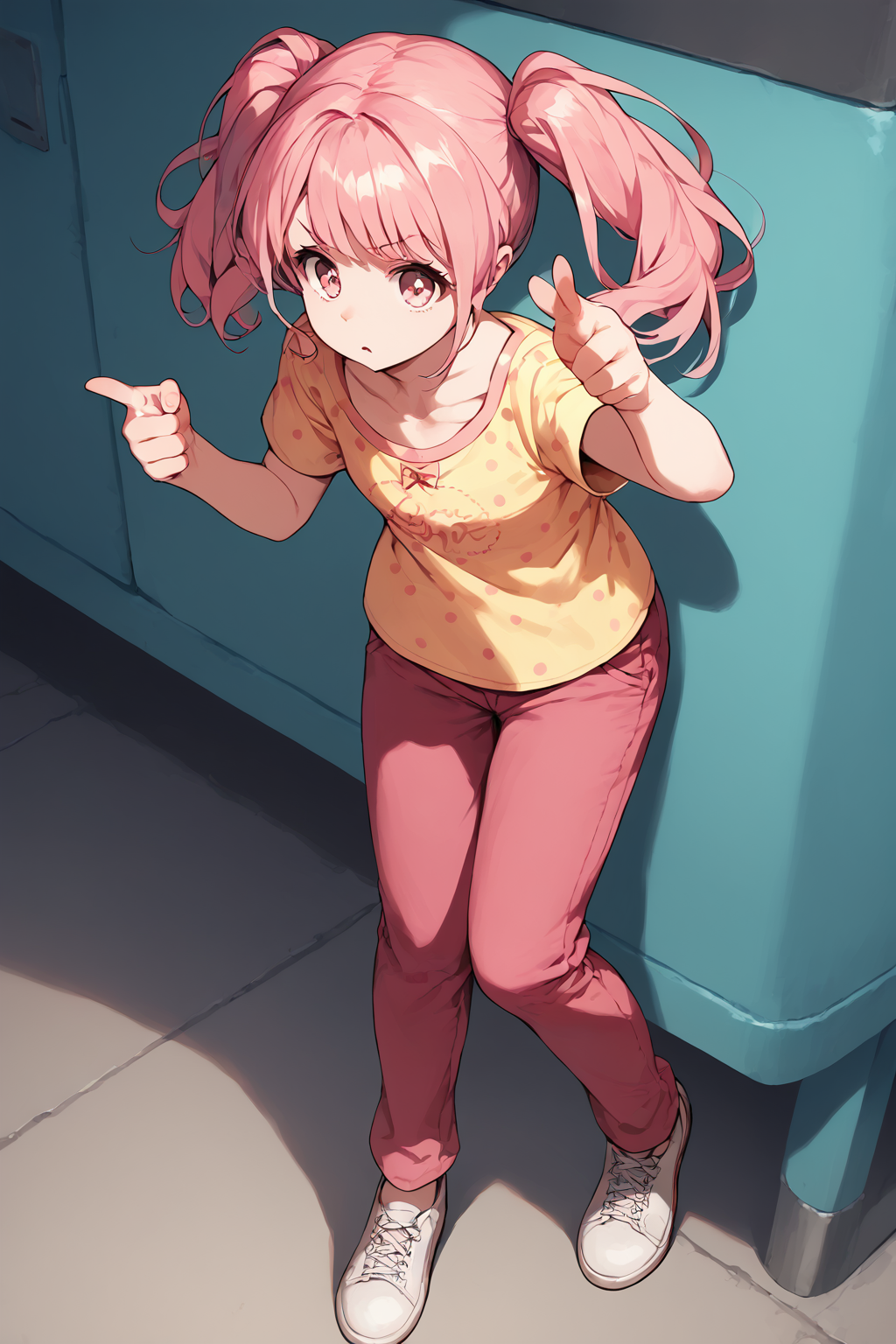 score_9,score_8_up,score_7_up,score_6_up,score_5_up,score_4_up,<lora:aya:0.8>,maruyama aya,1girl,solo,pink hair,twintails,pink eyes,short sleeves,polka dot shirt,bangs,pink pants,shoes,polka dot,pointing,white footwear,collarbone,red pants,yellow shirt,
