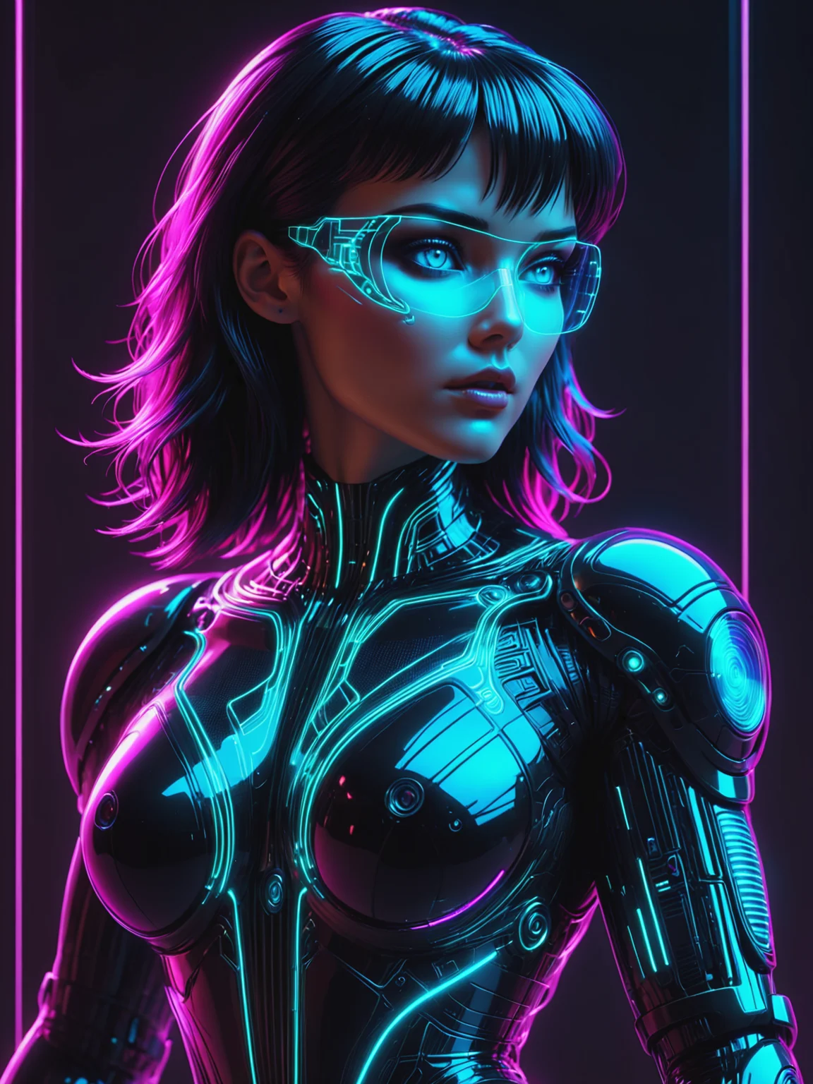 cyberpunk woman, Jed-Jly, Jed-CyFut, Futuristic, Neon, mad-cyberspace, cyberpunk, scifi, 1980s, retro, grid  <lora:JellyStyle:0.6>    <lora:CyberFuturisticStyle:0.6>  <lora:Neon_Cyberpunk_SDXL_-_Cyberspace:0.6>, (masterpiece:1.2), best quality