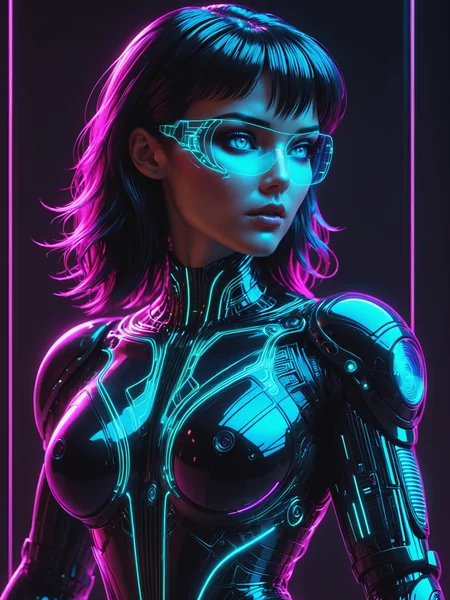 cyberpunk woman, Jed-Jly, Jed-CyFut, Futuristic, Neon, mad-cyberspace, cyberpunk, scifi, 1980s, retro, grid <lora:JellyStyle:0.6> <lora:CyberFuturisticStyle:0.6> <lora:Neon_Cyberpunk_SDXL_-_Cyberspace:0.6>, (masterpiece:1.2), best quality