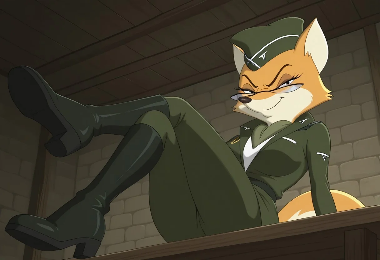 cartoon artstyle, cartoon, flat colors, 1girl, big breasts, lt_vixen, anthro, fox, furry, orange fur, tail, dot eyes, green military uniform, military hat, glasses, indoors, dark light, wooden table, smug, smile, angry, narrowed eyes, looking at viewer, three quarter view, cowboy shot, sitting, legs on table, crossed legs, pants, black boots, knee boots, low angle view, side view, full body,
