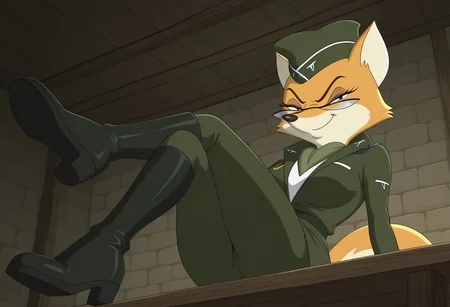 cartoon artstyle, cartoon, flat colors, 1girl, big breasts, lt_vixen, anthro, fox, furry, orange fur, tail, dot eyes, green military uniform, military hat, glasses, indoors, dark light, wooden table, smug, smile, angry, narrowed eyes, looking at viewer, three quarter view, cowboy shot, sitting, legs on table, crossed legs, pants, black boots, knee boots, low angle view, side view, full body,