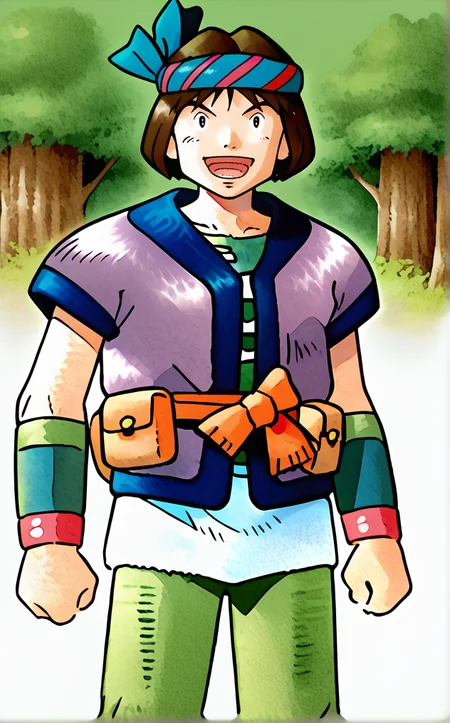 score_9, score_8_up, score_7_up, score_6_up, score_5_up, score_4_up, source_anime,sugimori ken \(style\), ken sugimori, pokemon, <lora:Sugimori:1.0>, watercolor \(medium)\, BREAK, <lora:Levant:1>, 1boy, levant, solo, male focus, black eyes, open mouth, short sleeves, smile, blue headband, standing, white fur skirt, green pants, purple open jacket, open jacket, smudge, orange sash, green wristband, pouch, looking at viewer, solo, forest background, amazing, cowboy shot,