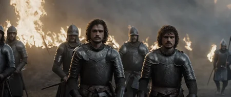 cinematic film still of <lora:Game of Thrones style:1>
<lora:Film Grain style:0.5> Film Grain style
<lora:Chiaroscuro Lighting Style:0.5> Chiaroscuro Lighting style
In medieval times war a group of men walking in front of a fire,holding,weapon,male focus,multiple boys,sword,holding weapon,armor,facial hair,holding sword,helmet,fire,polearm,beard,dual wielding,6+boys,shield,mustache,bald,knight,torch,chainmail , cinematic, film, movie still, movie style, film style, fantasy drama, epic drama, dramatic light, dramatic shadow, fictional, Age of Wonders, Age of Empires, warriors, Medieval style, middle ages, dungeons and dragons style, contrast, color, different people, different, unique, kingdoms and castles style, violent, aggressive, detailed, perfection, detailed face, detailed body, detailed hands, detailed eyes, sharp, Game of Thrones style, shallow depth of field, vignette, highly detailed, high budget, bokeh, cinemascope, moody, epic, gorgeous, film grain, grainy