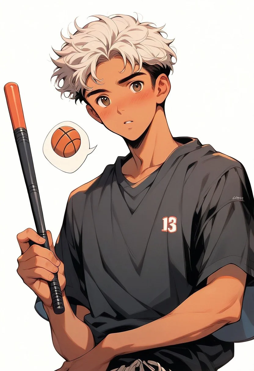 aaSKTm1n1,score_9,score_8_up,score_7_up,1boy,solo,look at viewer,short white hair, blushing,brown eyes, big nose, parted lips, white background, best aesthetics,B0Y1H3, black basketball uniform, (flat color:1.8), (perfect hand), (speech bubble:1.2), head tilt, (holding up a baton:1.5), shy,