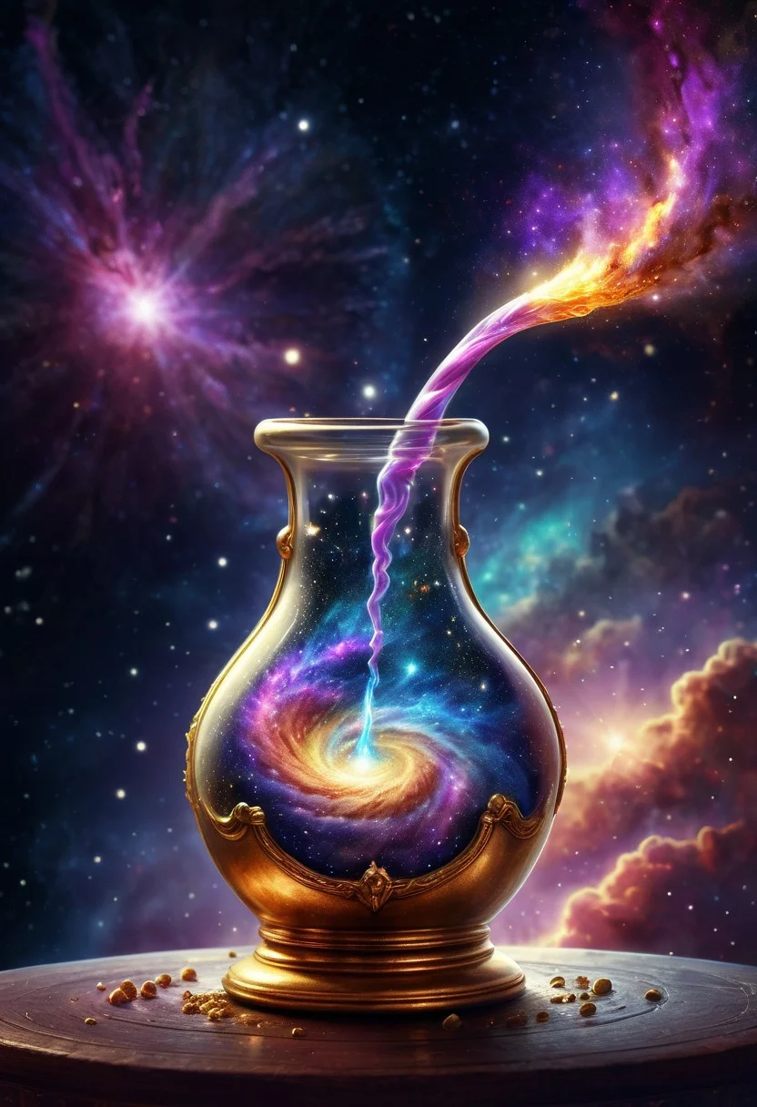 highly detailed image of a magical potion bottle pouring a galaxy into space, delicate, beautiful, extremely high quality image, HDR, fantasy, photo Centered in Perfect Composition, Complex Details Showing Unique and Enchanting Elements, Very Detailed Digital Painting, Golden Ratio, Dramatic Lighting, Very Realistic,