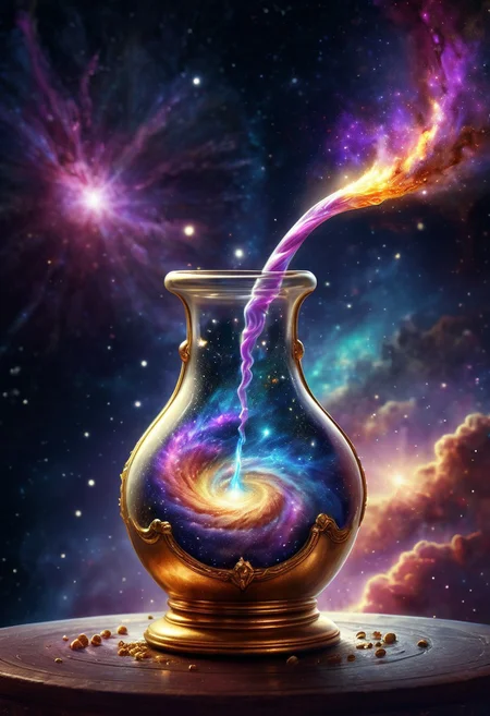 highly detailed image of a magical potion bottle pouring a galaxy into space, delicate, beautiful, extremely high quality image, HDR, fantasy, photo Centered in Perfect Composition, Complex Details Showing Unique and Enchanting Elements, Very Detailed Digital Painting, Golden Ratio, Dramatic Lighting, Very Realistic,