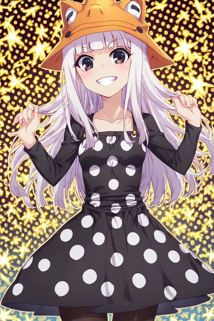 score_9, score_8_up, score_8, medium breasts, (curvy), cute, eyelashes, BREAK, , zzEruka, black eyes, white hair, blunt bangs, long hair, orange hat, polka dot dress, black dress, black sleeves, pantyhose, <lora:ErukaFrog_SoulEater_PDXL_v2:1.0>, , BREAK, smile, looking at viewer, cowboy shot, ,,, embedding:zPDXL, Expressiveh, ,,, <lora:PrismaIllya_PDXL_v3:1.0>, <lora:SDXLFaeTastic2400:0.5>, <lora:Expressive_H-000001:0.4>,