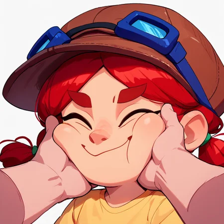 score_9, score_8_up, score_7_up, score_6_up, innocent and alluring, masterpiece, best quality, highly detailed, high contrast, detailed skin, 1girl, cute, chibi, bsjessie, red hair, pigtails, hat, goggles on headwear, yellow shirt, cheek squash, hands on another's face, hands on another's cheeks, solo focus, pov hands, happy, eyes closed, standing, headshot portrait, white background, film grain