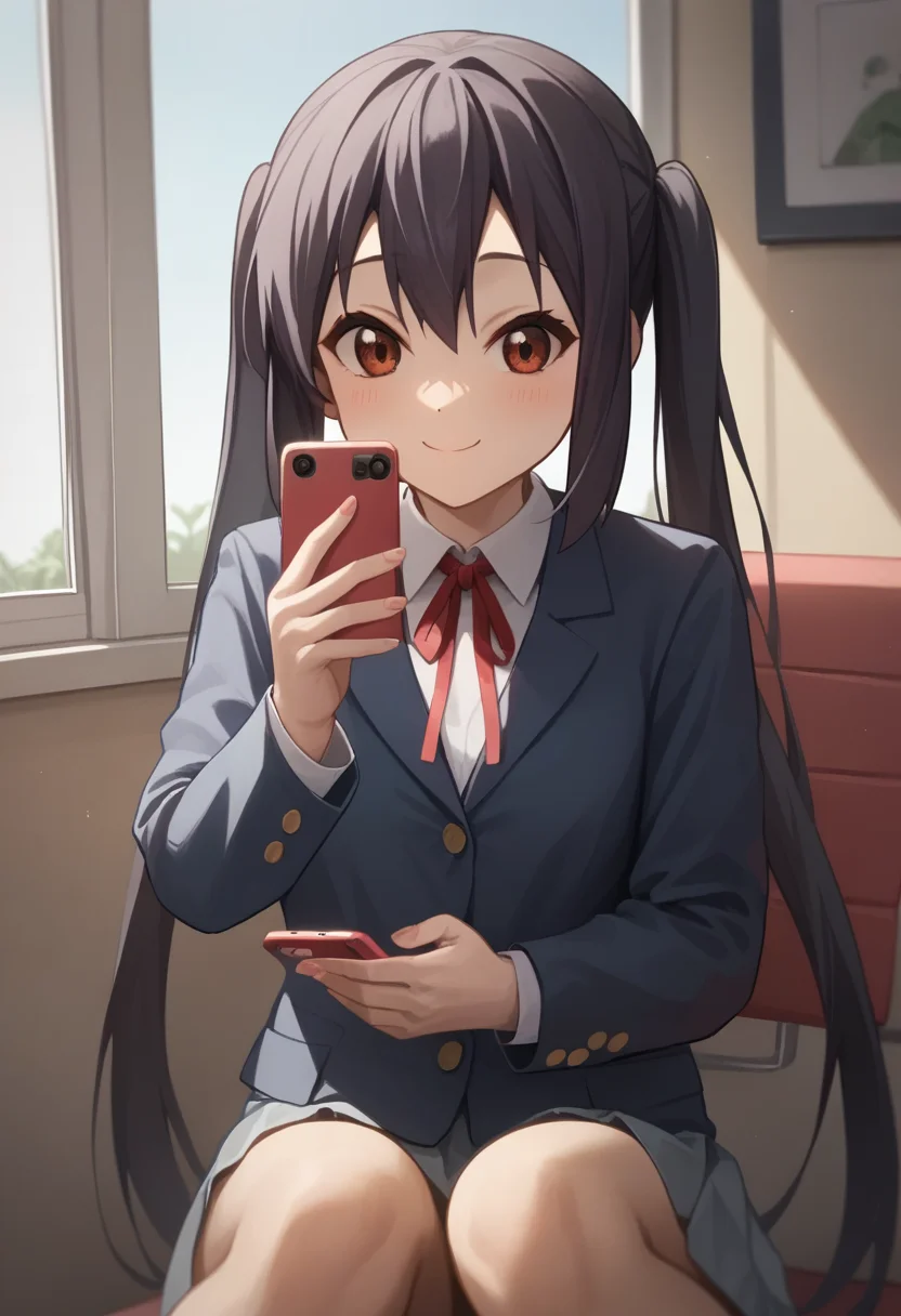 score_9,score_8_up,score_7_up,<lora:nakano_azusa_pony:1>,blue_jacket, 1girl, highres, winter_uniform, collared_shirt, window, sakuragaoka_high_school_uniform, long_sleeves, holding_phone, indoors, commentary_request, nakano_azusa, camera_phone, white_shirt, taking_picture, smile, neck_ribbon, flip_phone, red_ribbon, closed_mouth, solo, blazer
