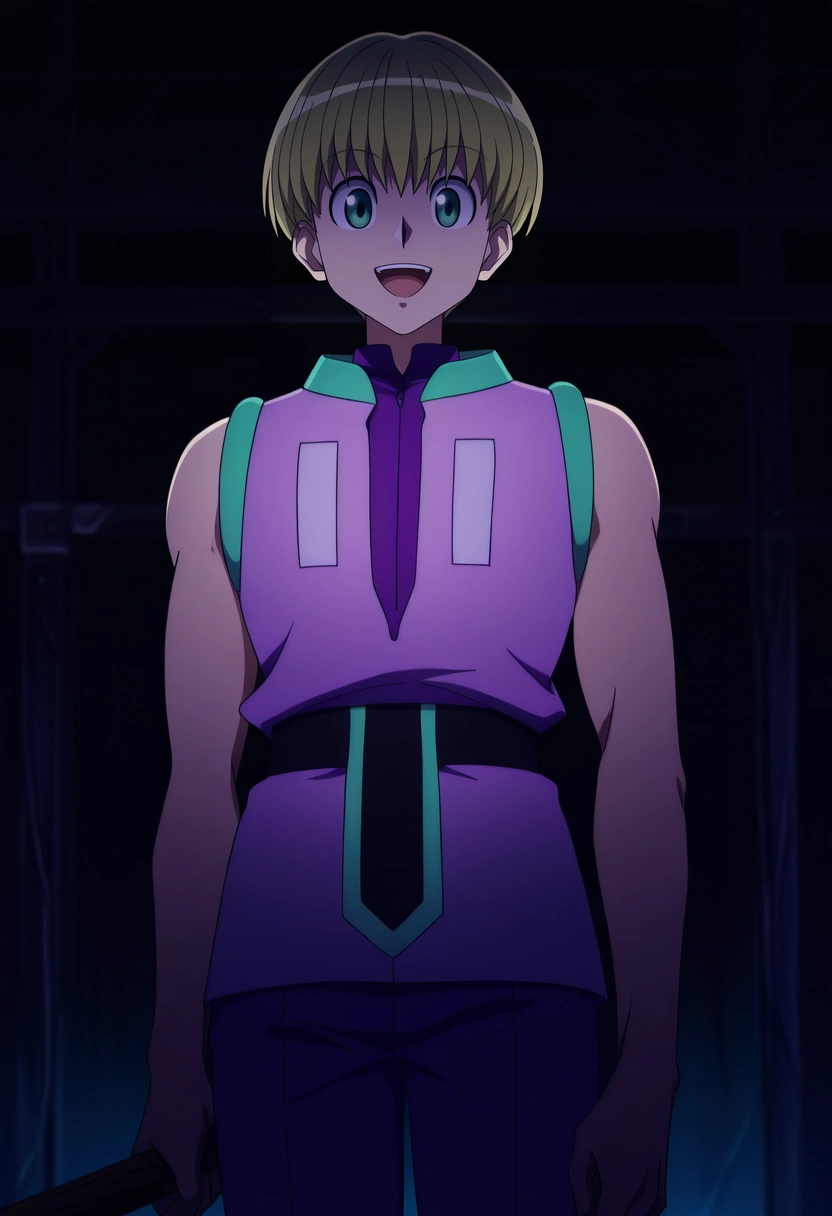 masterpiece, best quality, intricate details, anime screencap, anime coloring, official style, looking at viewer, 1boy, solo, male focus, <lora:shalnark_ryuseih_ilxl:0.94>, shalnark_ryuseih, blonde hair, green eyes, short hair, bangs, sleeveless, purple shirt, purple pants, from below, workshop, dark, holding object, :D,