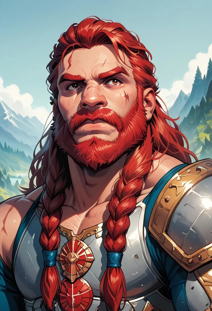 score_9, score_8_up, score_7_up, solo, solo focus, male focus, 1 boy, male, beard, facial hair, braid, braided beard, big beard, epic beard, Dwarf, short stature, big nose, wide shoulders, muscular, red hair, armor, scars, scar