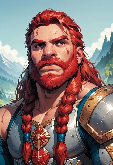 score_9, score_8_up, score_7_up, solo, solo focus, male focus, 1 boy, male, beard, facial hair, braid, braided beard, big beard, epic beard, Dwarf, short stature, big nose, wide shoulders, muscular, red hair, armor, scars, scar