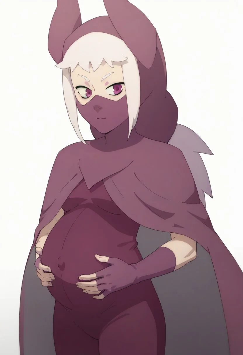score_9, score_8_up, score_7_up, hoods_entertainment, mask, 1girl, solo, pregnant, norawakfu, white hair, purple eyes, hood, horns, hood, horns, cloak, fingerless elbow gloves, bodysuit, cape, standing, holding belly, covered belly, covered navel, white background,