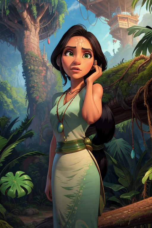 Dawn,black hair,green eyes, long hair,ponytail.
necklace,dress,handwrap,sandals, cowboy shot,
solo, standing, upper body,  happy
tropical forest,  treehouse,
(insanely detailed, beautiful detailed face, masterpiece, best quality)    <lora:Dawn:0.8>