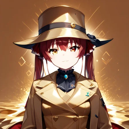 score_9, score_8_up, score_7_up, super aesthetic, rating:safe, rating:general, DeaverStyle, 1girl, solo, aua, red eyes, yellow eyes, heterochromia,  gold clothing, gold hat, fully-clothed, gloves, big coat, illustration, gold, cute, shiny skin, vivid colors, treasure room, gold treasure,