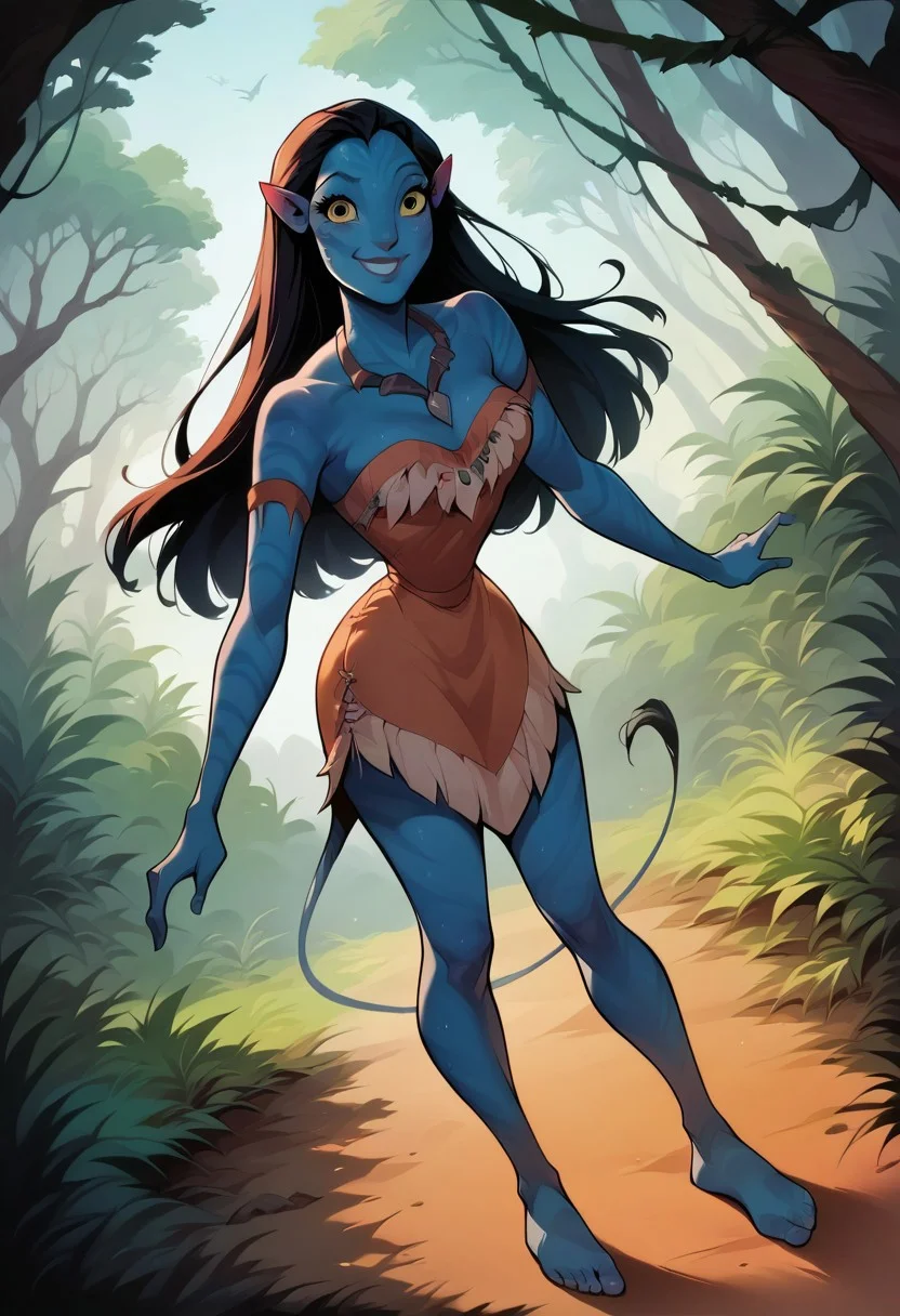score_9, score_8_up, score_7_up, score_6_up, highres, masterpiece, best quality, high quality, PocahontasXLP, na'vi, lay on tree, leaning forward, sexy pose, smile, nervous, blue skin, tail, long hair, necklace, strapless, dress, feathers, medium breasts, narrow waist, wide hips, thick thighs, looking at viewer, cowboy shot, cartoon, dynamic pose, smile, cute, wide shot, solo, (alien jungle), disney, dutch angle, realistic, alien girl, full body, barefoot, feet