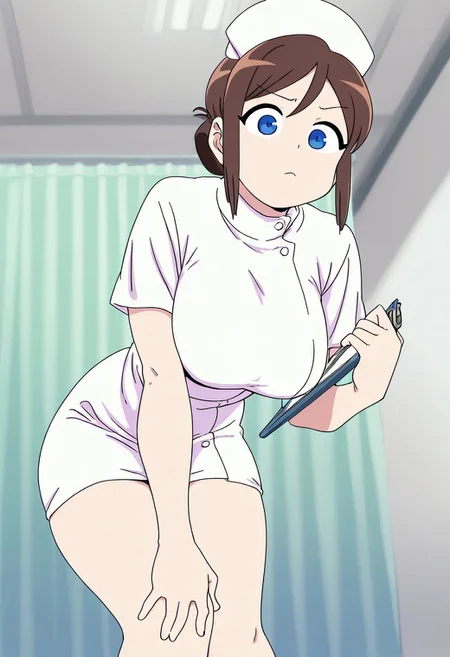 masterpiece, best quality,highres,(mdf_an:0.7),(alp:0.6),(pija:0.7),1girl,shirakawa_miho,blue eyes,brown hair,single hair bun,large breasts,nurse,holding clipboard, nurse_cap ,skeptical,looking at viewer,hand between legs, hand on own knee, leaning forward,from below,hospital,<lora:shirakawa_miho-illus:0.9>,solo,<lora:pochi_science_ill:1.3>,toon \(style\),