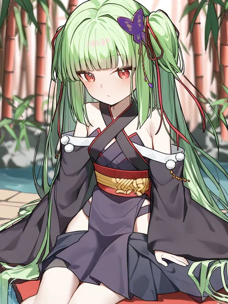 1girl,murasame \(senren\),
very long hair,long hair,hair ribbon,hair ornament,red ribbon,ribbon,butterfly hair ornament,red eyes,blunt bangs,green hair,straight hair,two side up,
straight-on,japanese clothes,kimono,black kimono,wide sleeves,bare shoulders,collarbone,halterneck,criss-cross halter,pom pom \(clothes\),red sash,black sleeves,long sleeves,black skirt,
sitting,looking away,
bamboo forest,path,water,river,
from side,
<lora:ag31-murasame_(senren)_12-000034:1>,<lora:ag31-ningen_mame_1:1>,