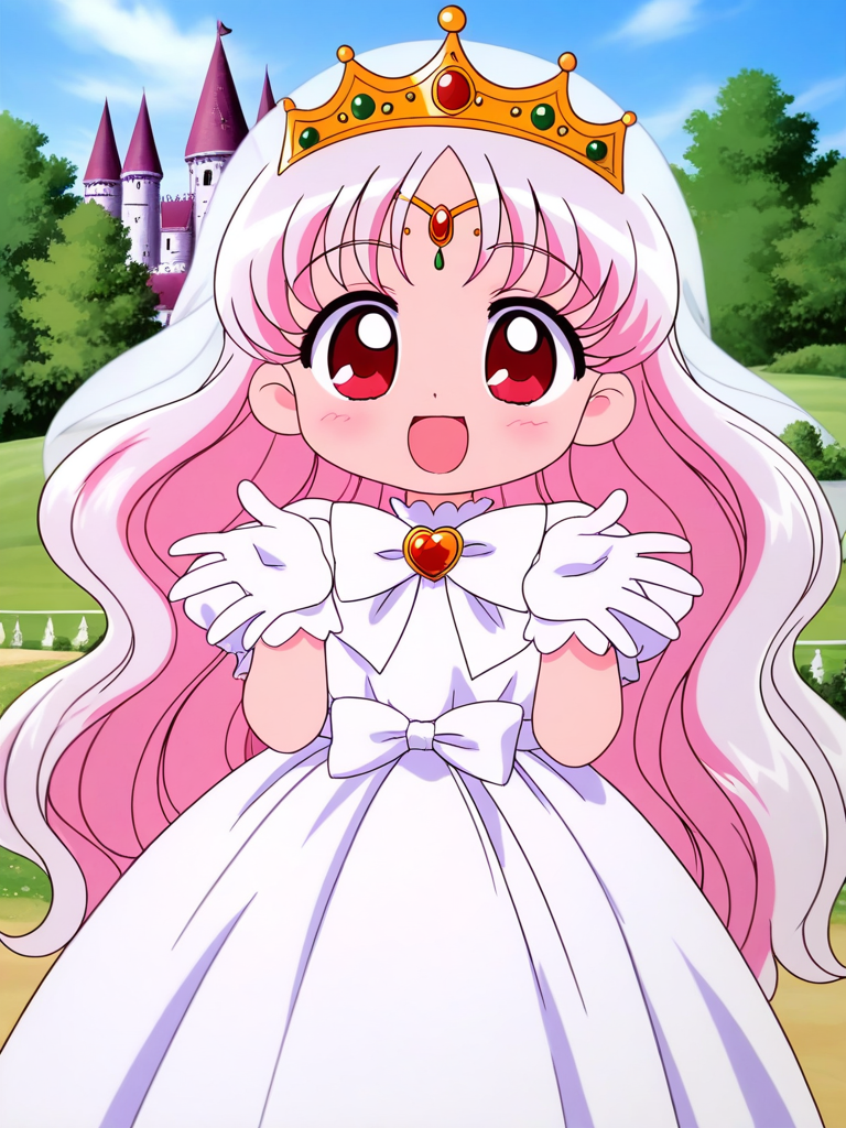 general,highres, ultra-detailed,very aesthetic,best quality ,best hands, BREAK <lora:Princess_Silver_Crayon_Oukoku_Ver2.0_IS:0.8>
Silver_Oujo(Crayon_Oukoku), 1girl, solo, long hair, white hair, pink hair, red eyes,
gold crown, white dress,very long hair, white gloves, tiara, white bow,
smile, happy,
under body, open mouth,
castle, outdoor,