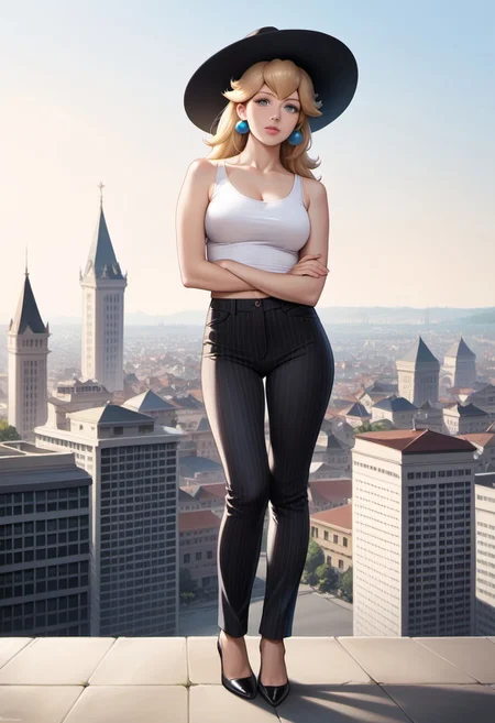 score_9, score_8_up, score_7_up, score_6_up, score_5_up, score_4_up, high quality, ((photorealistic)), (Extremely detailed), 1.5, <Lora:add-detail-xl:1.5>, princess peach, blonde hair, blue eyes, long hair, black fedora hat, white tank top, black pinstripe suit pants, black mule heels, Marco, Giantess, giga size, gigantic, city, standing, looking down, arms crossed, front view