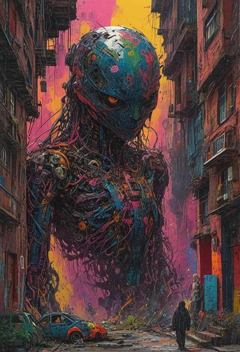 The composition includes scifi 1980s retro style dark techno background with haze back alley, cmyk portrait, multi colored, defiant and beautiful, cmyk, expressive eyes!! intricate, 🐎🍑, beautiful iphone wallpaper, medium [ graffiti ], by Sun Kehong, 32 colors, splashes of liquid, towering mountains loom, all interwoven to create a sense of rhythm and flow.  landscape, one altered element can send the entire scene careening into peace.