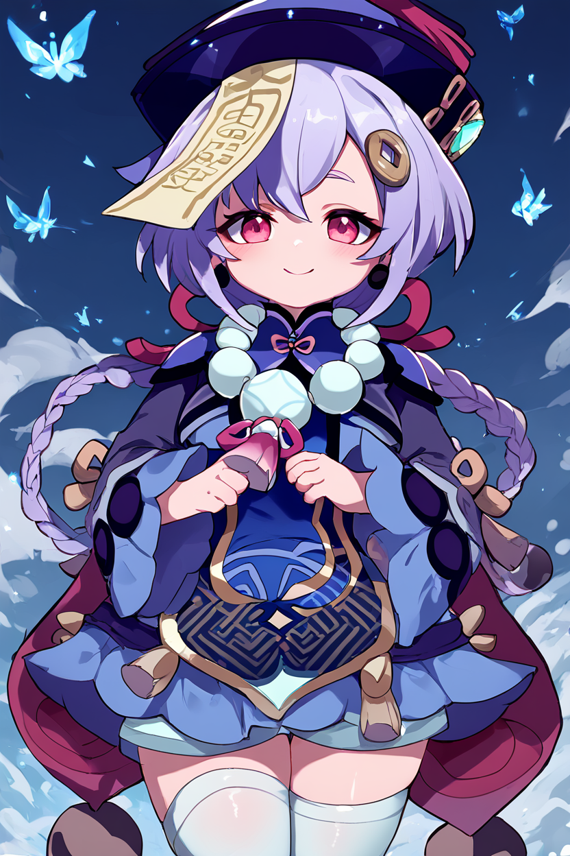score_9, score_8_up, score_8, medium breasts, (curvy), cute, eyelashes,       ,,, , ,,, zzQiqi, braid, long hair, red eyes, hair ornament, earrings,   ofuda, qingdai guanmao, jiangshi, long sleeves, bead necklace, wide sleeves, white thighhighs, dress, <lora:Qiqi_Genshin_PDXL_v2:1.0>,     ,,,, BREAK, smile, looking at viewer, cowboy shot, ,,, embedding:zPDXL, Expressiveh, ,,, <lora:Zankuro_Style_PDXL:0.8> <lora:SDXLFaeTastic2400:0.5>, <lora:Expressive_H-000001:0.4>,
