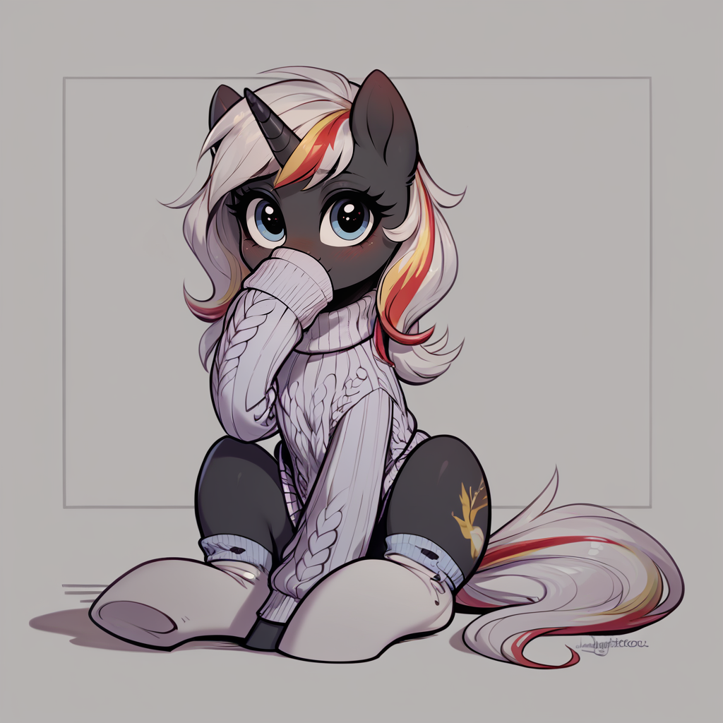 score_9, score_8_up, score_7_up, [:idw:0.7] BREAK
source_pony, velvet remedy, unicorn, pony, aran sweater, sitting, oversized clothes, cute, daaaaaaaaaaaw, covering mouth, covering crotch, socks, dynamic pose, reaction image, blushing, shy, wingding eyes, eyelashes, detailed, best quality, detailed sweater, detailed eyes, hooves, detailed background <lora:vlvt_rem3:1> <lora:LineArt Mono Style LoRA_Pony XL v6:1>