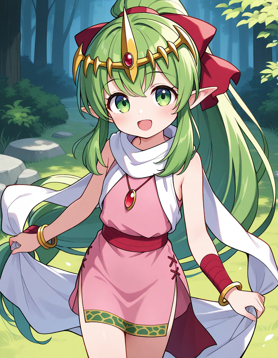 general,highres, ultra-detailed,very aesthetic,best quality ,best hands,  BREAK <lora:Tiki_FE_IS:1>
Tiki, 1girl,solo,  long hair, green hair, pointy ears, ponytail, tiara,red gemstone, green eyes, flat chest, smile, open mouth,
very long hair, hair ribbon, red ribbon, quilted_skirt
solo, jewelry, dress, bracelet, pink dress, short dress, side slit, stone, ribbon, scarf, sash, sleeveless, looking at viewer, 
grass,