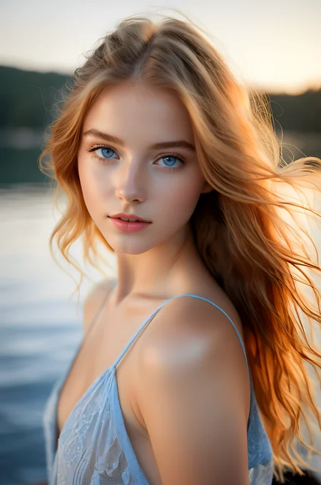 young beautiful woman, long hair, breasts, looking at viewer, blue eyes, blonde hair, dress, upper body, small breasts, parted lips, blurry, lips, realistic, photorealistic, hyperrealistic art, extremely high-resolution details, photographic, realism pushed to extreme, fine texture, incredibly lifelike, absurdres, masterpiece, 8k, high detail, intricate, best quality