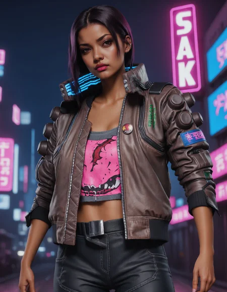 GTA-style artwork a gorgeous fashion model, woman, crossed arms, wearing a brown cyberpunk Samurai jacket, pink lips, looking at viewer, black jeans, grey crop top, standing in a busy city street, black hair, sleeves up, night, night sky, large cityscape, neon signs, highly detailed, professional, 4k, <lora:CyberpunkSamuraiJacketSDXL:0.75> . Satirical, exaggerated, pop art style, vibrant colors, iconic characters, action-packed
