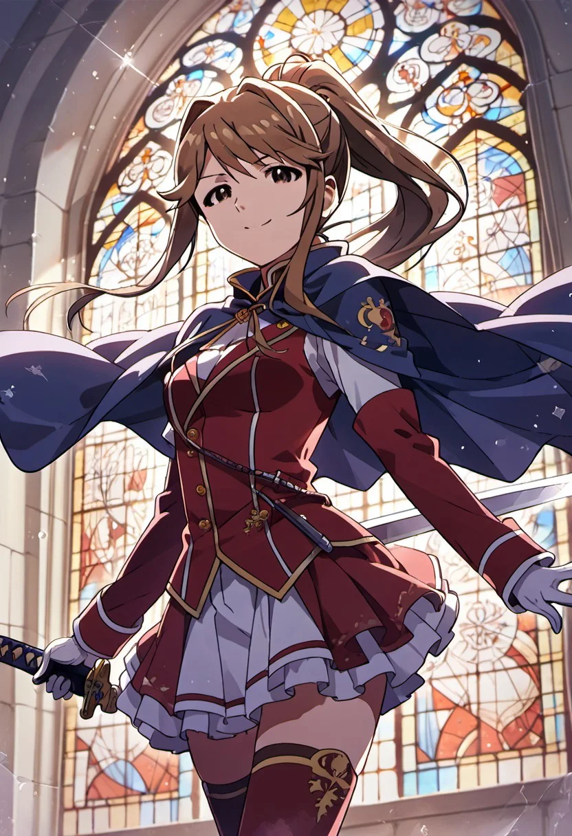 score_9, score_8_up, score_7_up, source_anime,tenkubashi tomoka, brown hair, brown eyes, 1girl, sword, weapon, thighhighs, long hair, gloves, rapier, cape, smile, stained glass, solo, ponytail