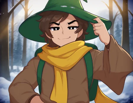 masterpiece, very awa, best quality, newest, absurdres, highres, animification,
detailed background, outdoors, forest, winter day, light rays, light particles, snowing,
1boy, solo, muscular male,
black eyes, white pupils, brown hair, short hair, mullet, flat chest, spiked hair, medium eyebrows, visible ears,
standing, tachi-e arms at sides, three quarter view, smug, smirk, half-closed eyes, looking at viewer, brown robe, green backpack, large yellow scarf, green wizard hat, hand on own hat,
<lora:bigusmixv6:1>